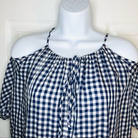 Velvet Graham & Spencer Gingham Cold Shoulder Top Blue White XS - Picture 7 of 12